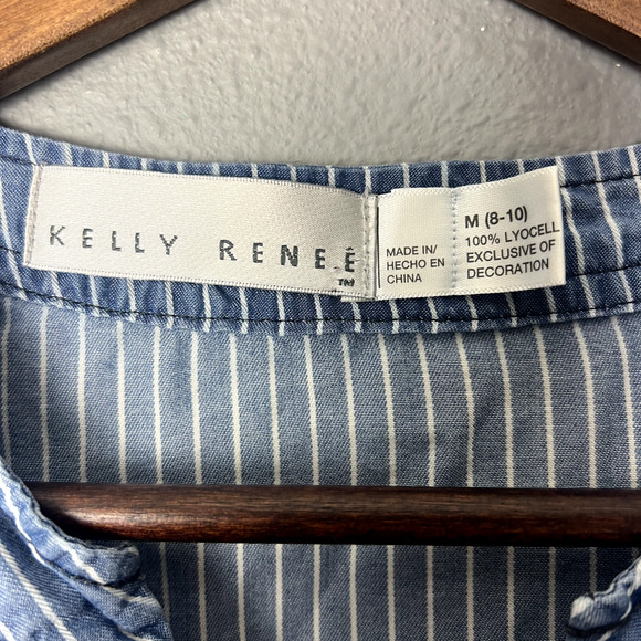 Kelly Renee Blouse Women Medium Blue Striped Long Sleeve Bell Sleeve V Neck Boho - Picture 2 of 9